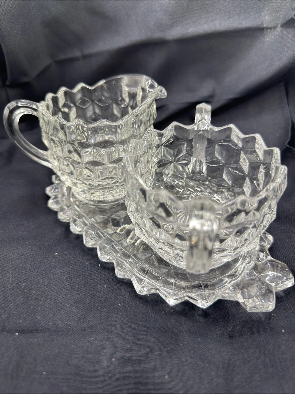 *GLOWS* Vintage Fostoria Cream & Sugar with Serving Tray - 3 Piece Set